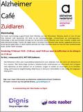 Flyer Alzheimer Café Zuidlaren. Donderdag 19 februari 2026. Van 19.30 tot 21.00 uur in De Enk in Zuidlaren. Thema: Het boek Mamadag van Maretty van den Mosselaar: een persoonlijke verslag van de periode waarin Maretty voor haar moeder zorgde toen deze dementie kreeg.