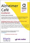 Flyer Alzheimer Café Zuidlaren. Donderdag 15 januari 2026. Van 19.30 tot 21.00 uur in De Enk in Zuidlaren. Thema: Juridische zaken en dementie.
