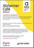 Flyer Alzheimer Café Zuidlaren. Donderdag 16 april 2026. Van 19.30 tot 21.00 uur in De Enk in Zuidlaren. Thema: Rouw en verlies. Levend verlies over rouw bij dementie: Tashina Minartz en Bernice Brijan komen vanavond vertellen over de impact die dementie kan hebben op het dagelijks leven en emotioneel welzijn. In deze bijeenkomst wordt verkend wat levend verlies betekent, hoe het zich uit bij dementie en worden handvatten geboden om hiermee om te gaan.)