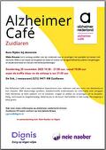 Flyer Alzheimer Café Zuidlaren. Donderdag 20 november 2025. Van 19.30 tot 21.00 uur in De Enk in Zuidlaren. Thema: Autorijden bij dementie.