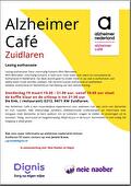 Flyer Alzheimer Café Zuidlaren. Donderdag 19 maart 2026. Van 19.30 tot 21.00 uur in De Enk in Zuidlaren. Thema: Euthanasie. Voormalig huisarts Wim Benneker is Scen-arts. Scen staat voor steun en consultatie bij Euthanasie in Nederland. Op deze avond gaat hij onder meer in op: wat is euthanasie, aan welke eisen moet worden voldaan, het verschil tussen euthanasie en palliatieve sedatie, euthanasie en dementie en het belang van een wilsverklaring.