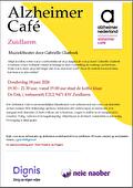 Flyer Alzheimer Café Zuidlaren. Donderdag 18 juni 2026. Van 19.30 tot 21.00 uur in De Enk in Zuidlaren. Thema: Muziektheater door Gabriélle Glasbeek. Altijd al willen weten wat je voorhoofdskwab en je slaapkwab voor je doen? Gabriélle Glasbeek (voorheen vrouw Holland) vertelt en bezingt in deze voorstelling de werking van het brein. Want wat te doen, als je het langer dan even, niet meer weet? Als je de controle los moet laten, kan humor je dan redden?